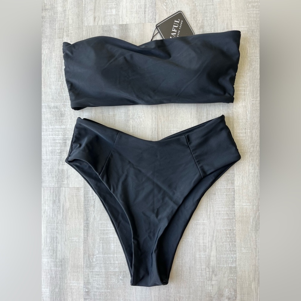 ZAFUL Black Strapless Bikini Set Top w/Removable Pads & High Cut Bottoms Size M